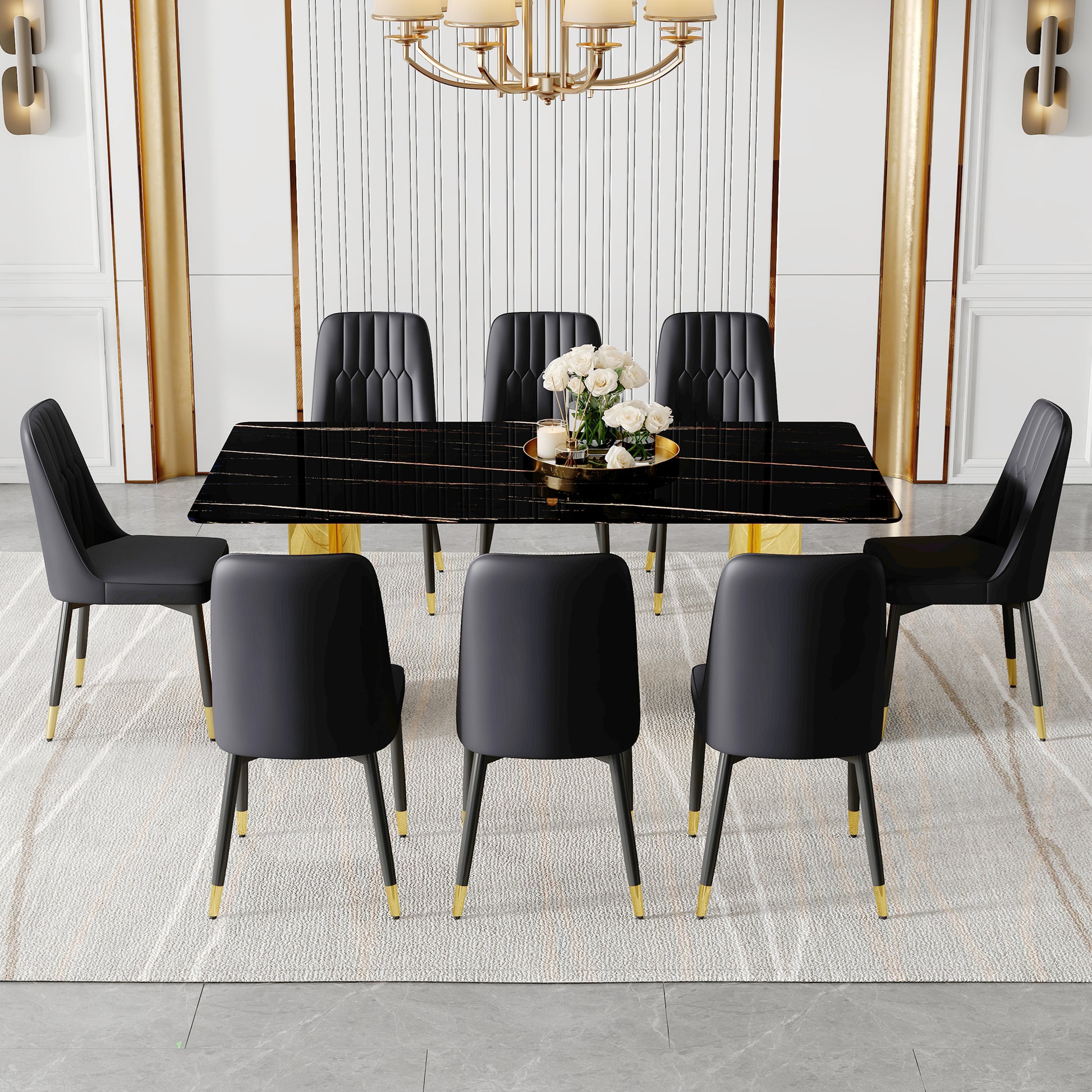 Table And Chair Set.The Table Has A Glass Top With Imitation Marble Pattern Stickers And Stainless Steel Golden Legs. Paried With Chairs With Pu Artificial Leather Backrest Cushions And Black Legs. Black Gold Seats 8 Glass Metal