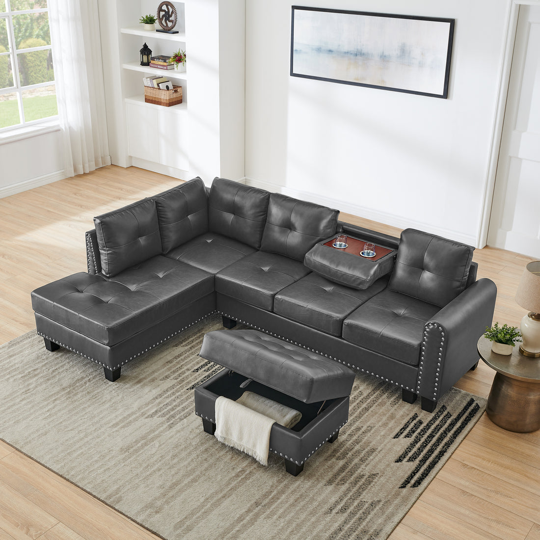 Sectional 3 Seaters Sofareversible Recliner, Storage Pad And Wood Grain Cup Holder, Non Slip Leg, Pu, Grey Gray Pu 3 Seat