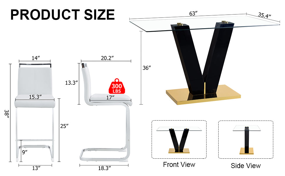 Table And Chair Set. A Rectangular Glass Dining Table With A 0.4 Inch Tempered Glass Tabletop And Mdf Board V Shaped Bracket, Paired With Chairs Consisting Of Pu Seat Cushions And Silver Metal Legs. White Black Seats 4 Tempered Glass