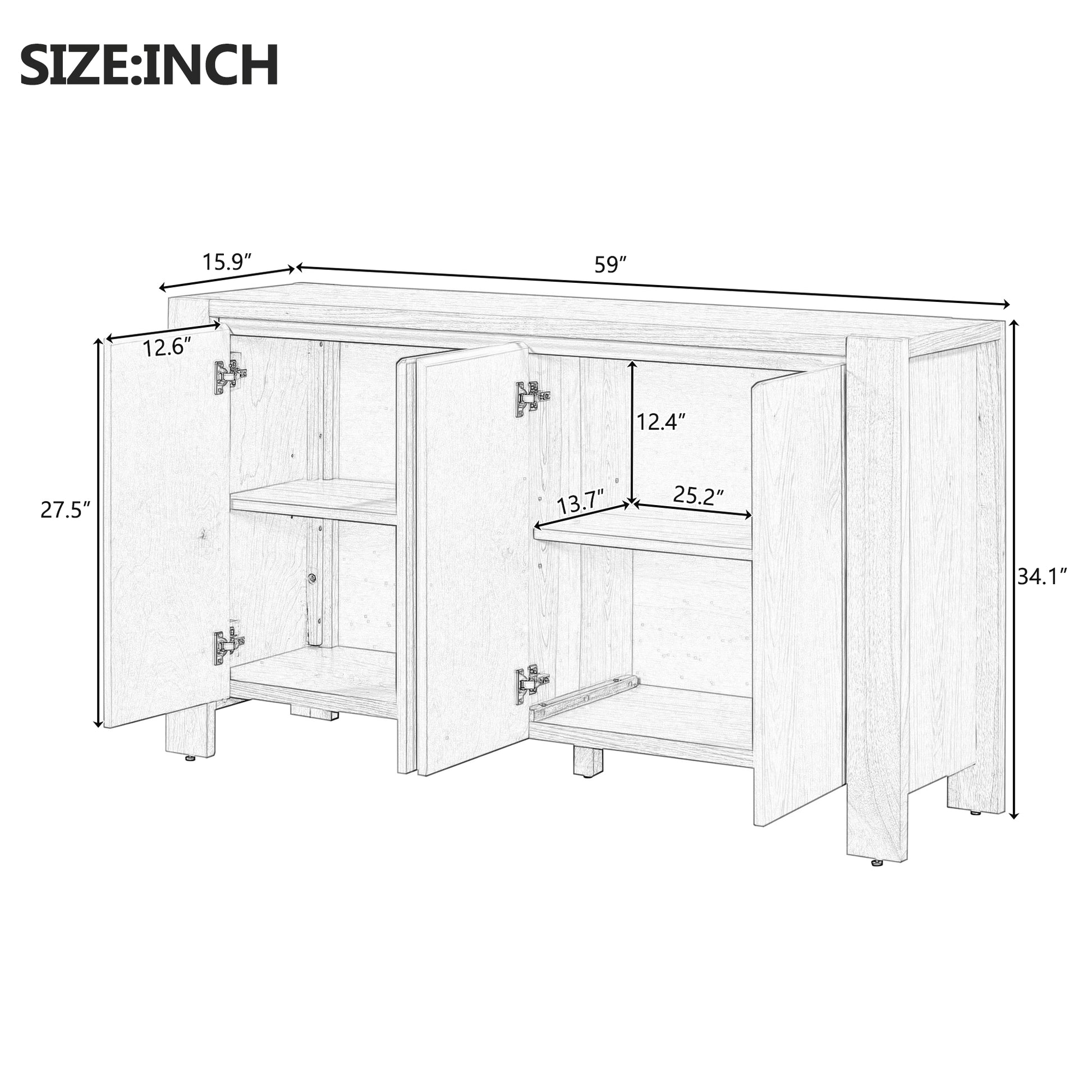 Retro 4 Door Sideboard With Distressed Finish And Adjustable Shelves For Dining Room, Kitchen, And Living Room Black Black Mdf,Rubber Wood