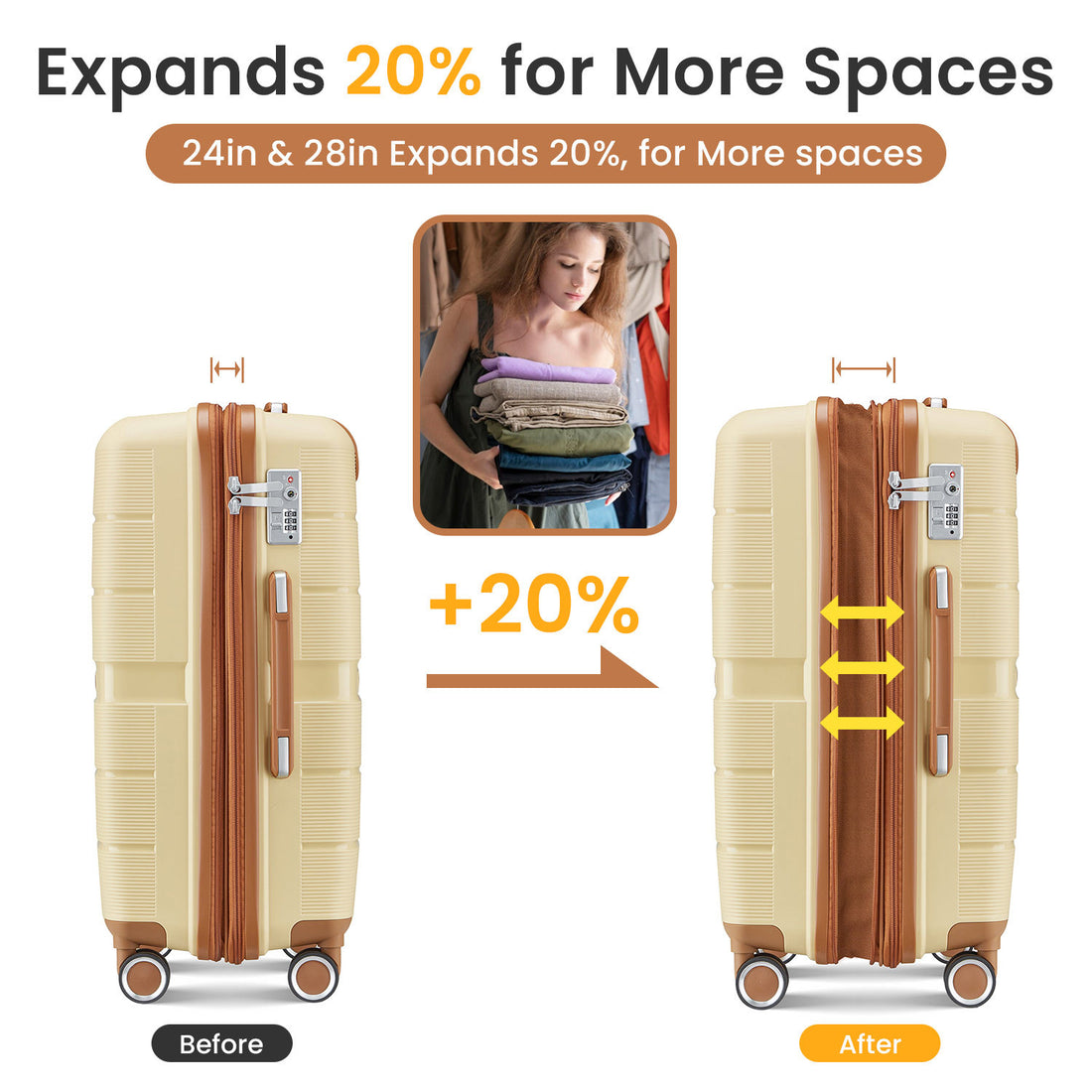 Luggage Sets 4 Piece 14 20 24 28 Pp Lightweight & Durable Expandable Suitcase Apricot Cream Polypropylene