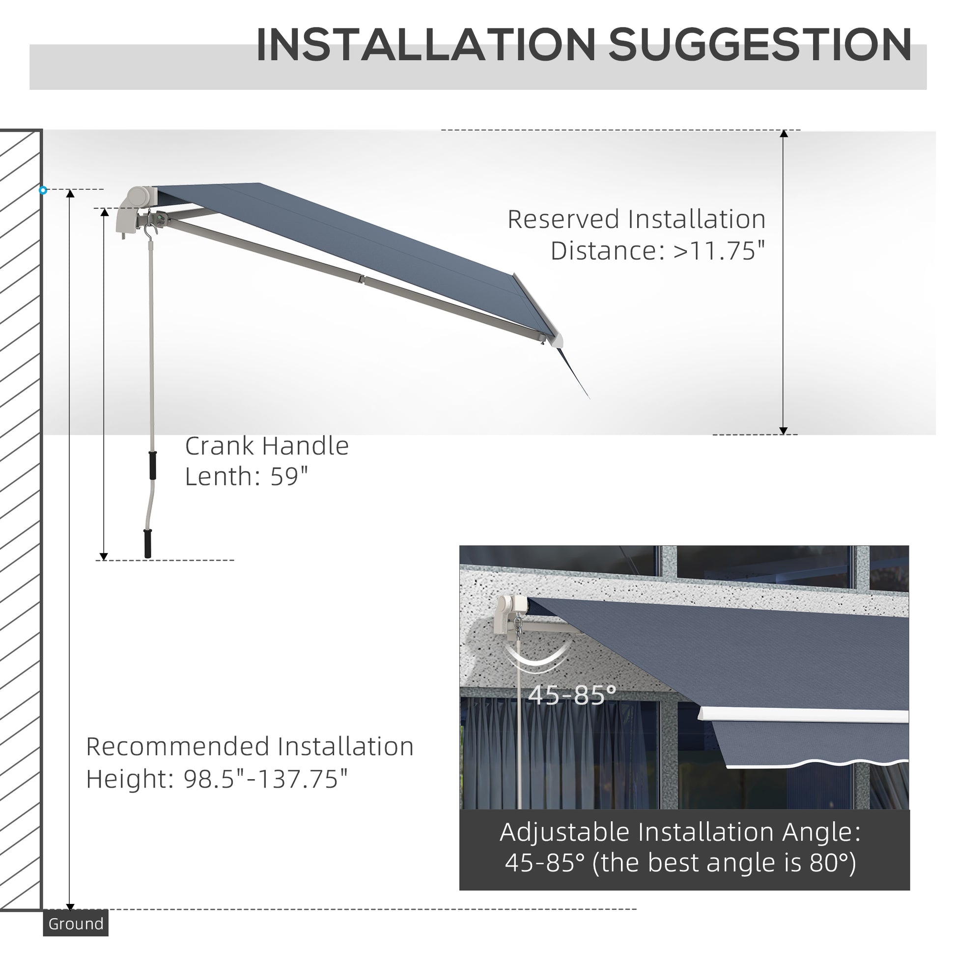 Outsunny 12' X 10' Retractable Awning Patio Awnings Sun Shade Shelter With Manual Crank Handle, 280G M Uv & Water Resistant Fabric And Aluminum Frame For Deck, Balcony, Yard, Charcoal Gray Gray Aluminum