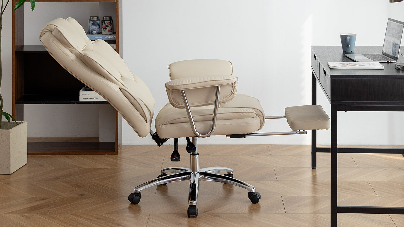 Office Chair, Big And Tall Executive Office Chair With Footrest, Leather Computer Chair, Ergonomic Reclining Chair High Back With Lumbar Support, Large Home Office Chair Beige Beige Pu Leather