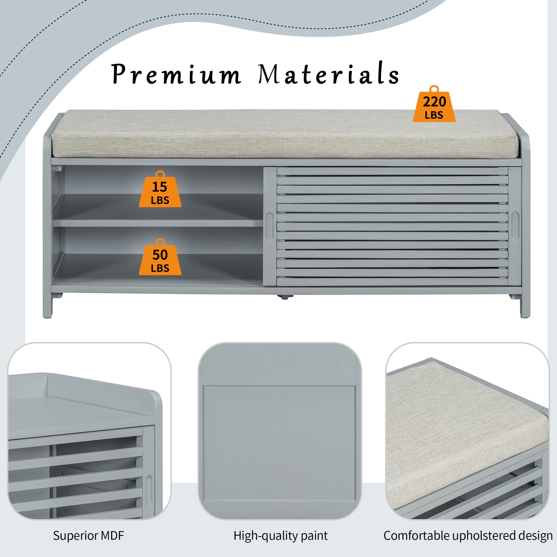 Distressed Shutter Storage Bench With Acacia Veneer For Retro Charm For Living Room, Entryway Grey Grey Mdf