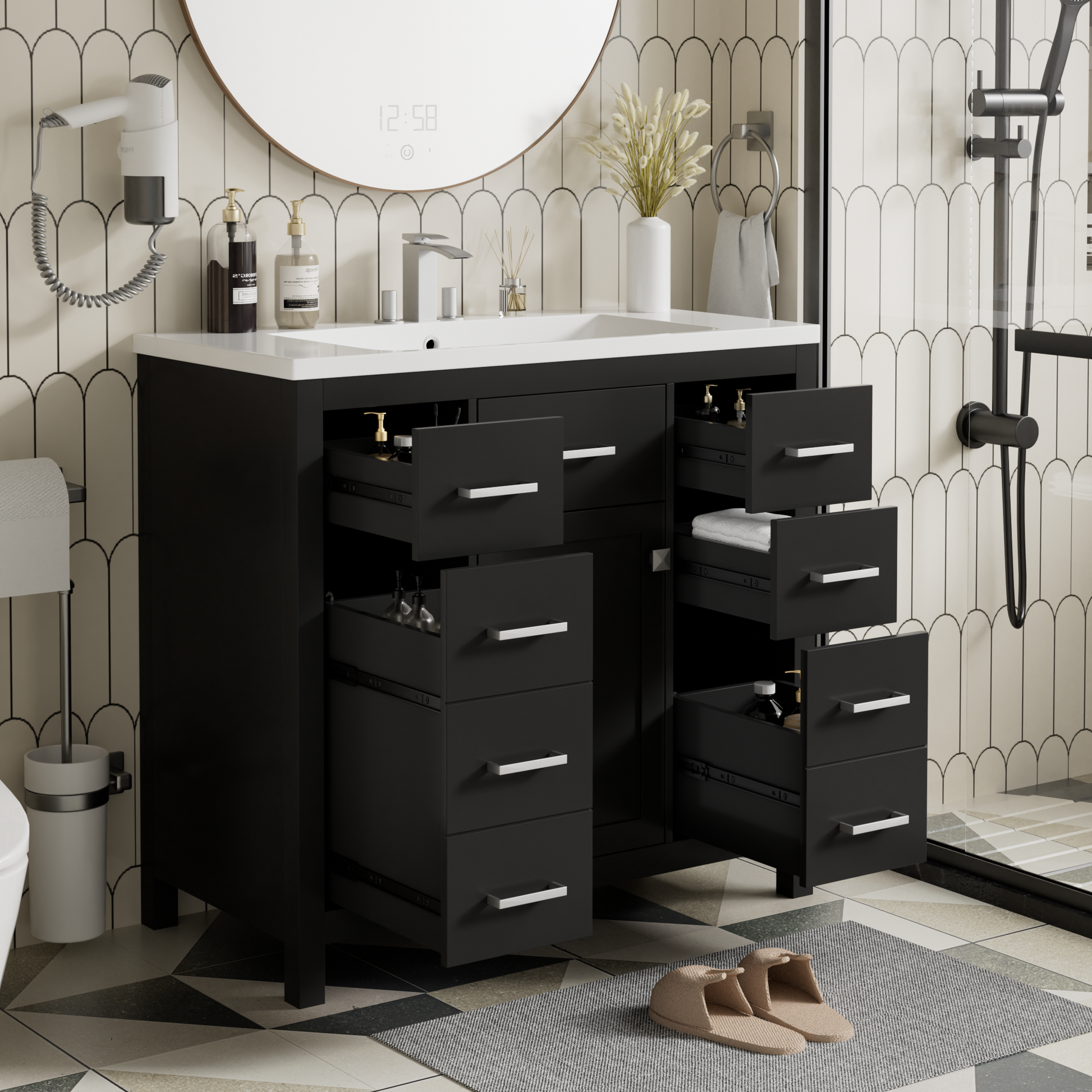 36 Inch Modern Bathroom Vanity Cabinet With Multifunctional Storage Space 5 Drawers And 1 Door Black Bathroom Solid Wood Mdf Resin