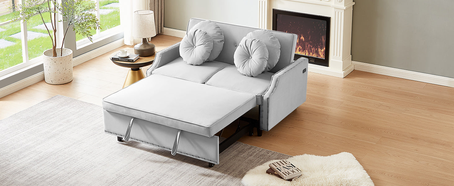 54.7" Multiple Adjustable Positions Sofa Bed Stylish Sofa Bed With A Button Tufted Backrest, Two Usb Ports And Four Floral Lumbar Pillows For Living Room, Bedroom,Or Small Space, Light Grey Light Grey Foam Polyester 2 Seat