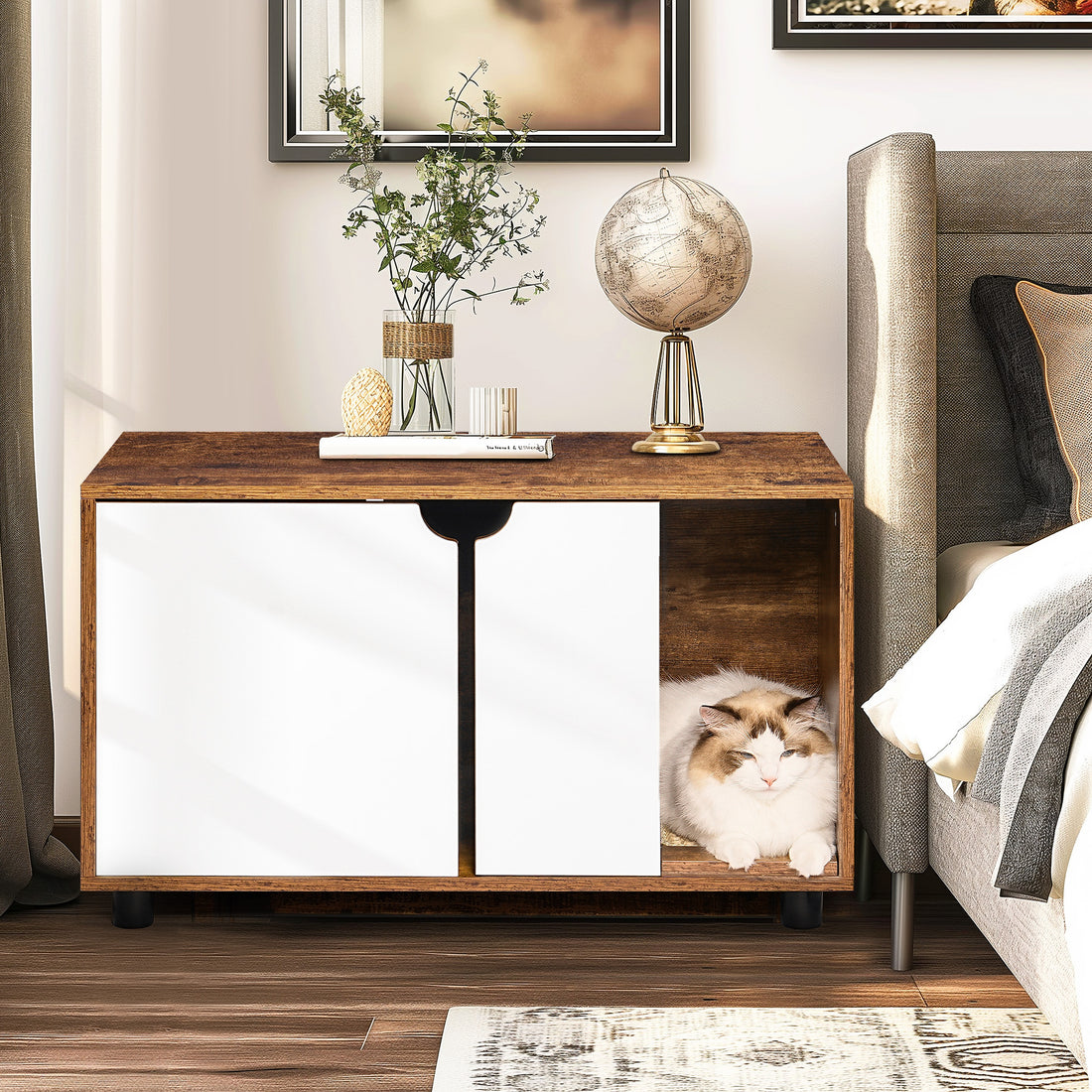 Cat Litter Box Enclosure, Hidden Cat Washroom, Kitty End Table, Furniture Style With Double Doors,White Vintage White Vintage Particle Board