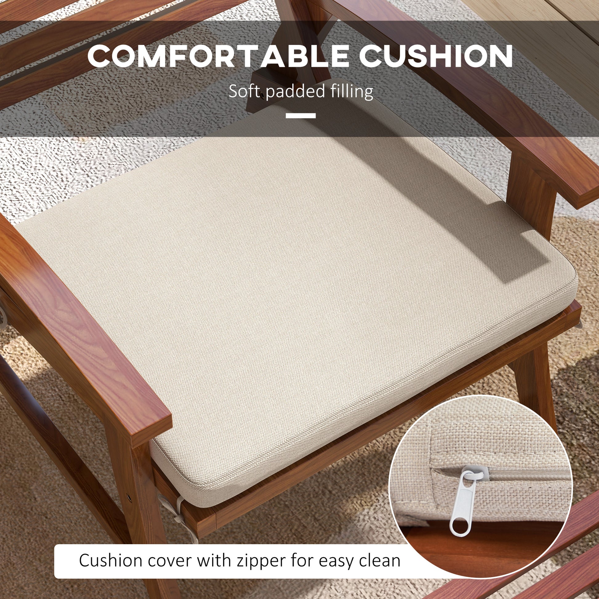 Outsunny 4 Pieces Patio Chairs With Cushion, Outdoor Dining Chairs Set Of 4, Acacia Wood Seat With Footstools, Slatted Seat & Backrest, Armrests, Cream White Natural Wood