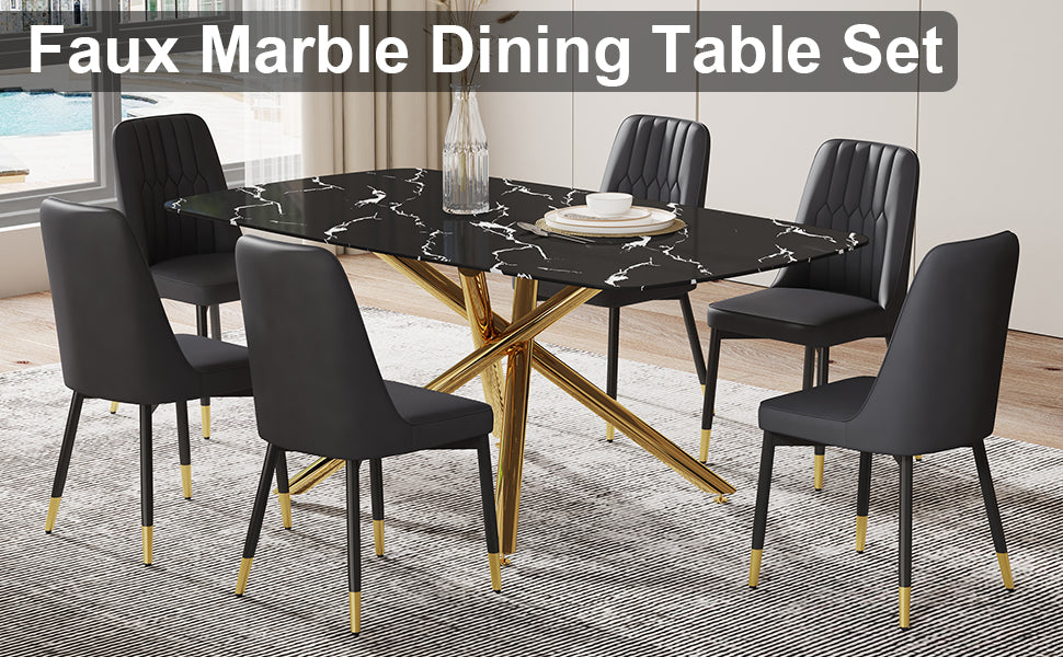 Large modern minimalist rectangular dining table with black+gold-glass+metal