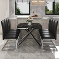 Table And Chair Set, Large Modern Minimalist Rectangular Dining Table, 0.39 Inch Black Imitation Marble Tabletop And Silver Metal Legs, Soft Leather Seats. F 1537 Silver Glass Metal