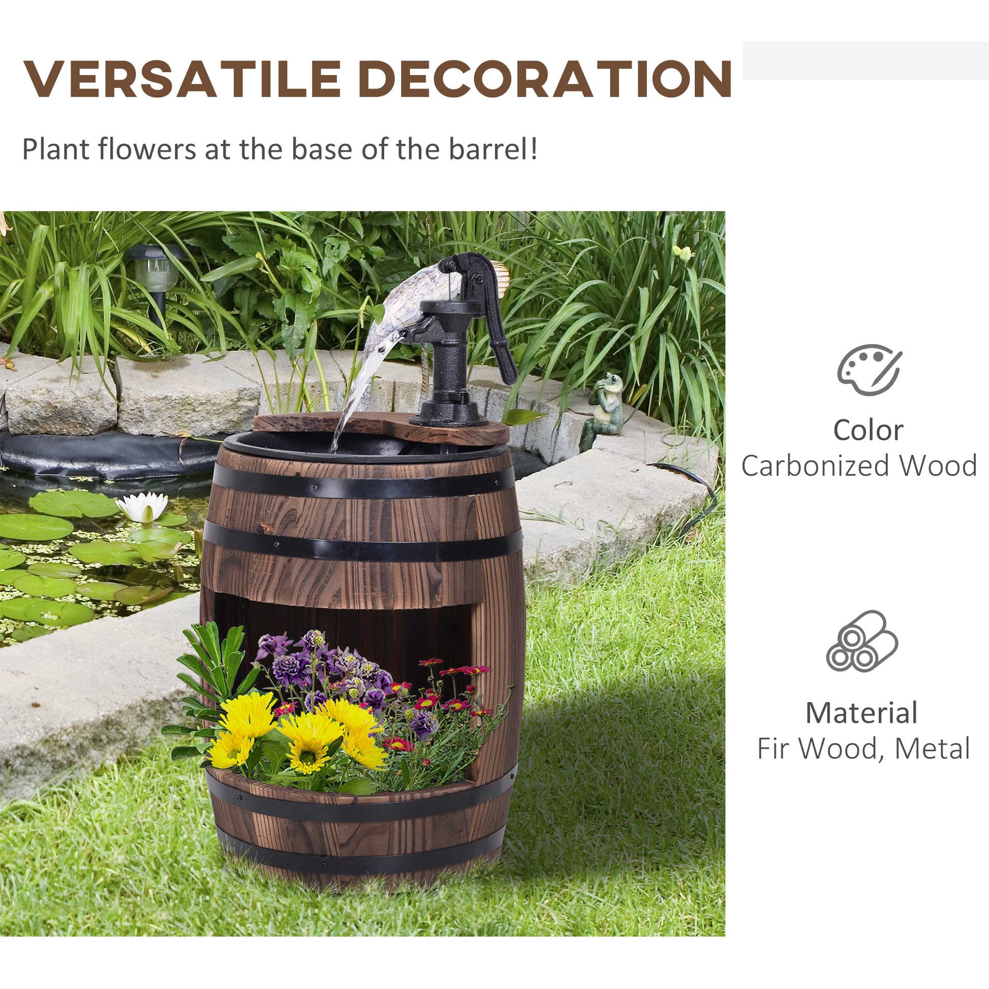 Outsunny 23" H Outdoor Water Fountain Wood And Metal Rustic Apple Barrel Pump Garden Decor For Outside Backyard Brown Wood