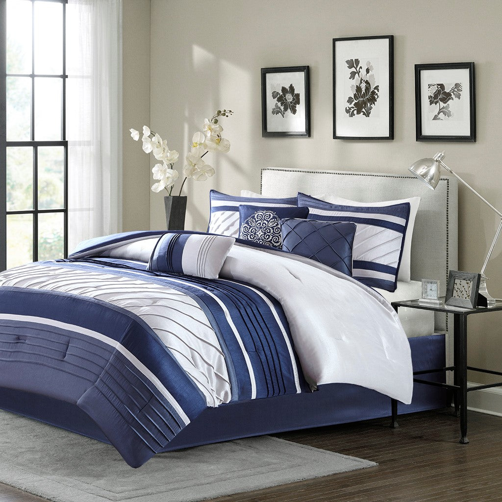 7 Piece Comforter Set Navy Queen Queen Navy Polyester