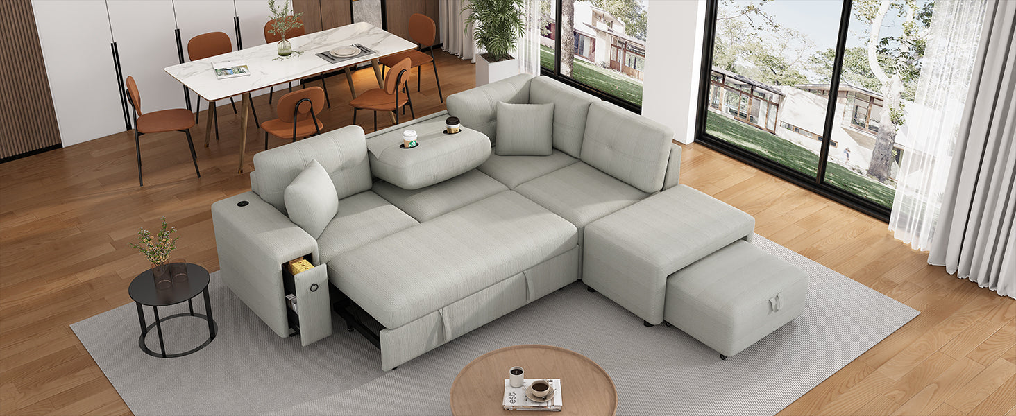 86.6" Sectional Sofa L Shaped Sofa Couch Pull Out Sofa Bed With A Movable Ottoman, Two Usb Ports And Two Cup Holders For Living Room, Gray Grey Foam Chenille 4 Seat