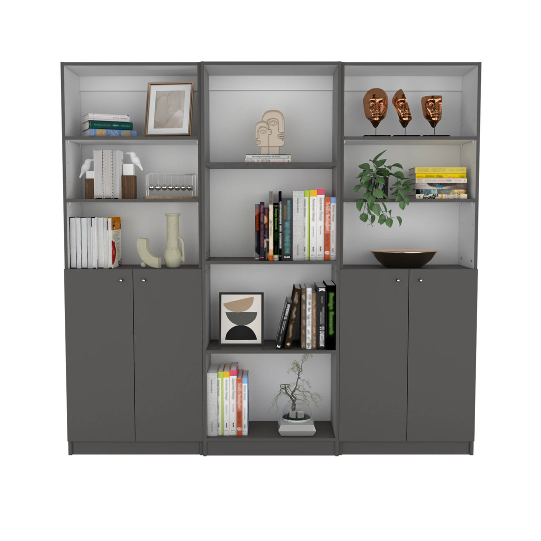 Hialeah 3 Piece Home Bookcase Set, 74" Wide With 10 Shelves And Two Double Door Cabinetliving Room Set Matt Gray White Freestanding 5 Or More Shelves Multicolor,White Gray Office Open Storage Space Modern Particle Board