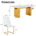 Table And Chair Set.Large Modern Rectangular Table With 0.4 Inch Patterned Glass Tabletop And Large Mdf Table Legs.Comes With 6 Chairs With Faux Leather Cushioned Seats And Golden Metal Legs. Gold White Seats 6 Mdf Glass