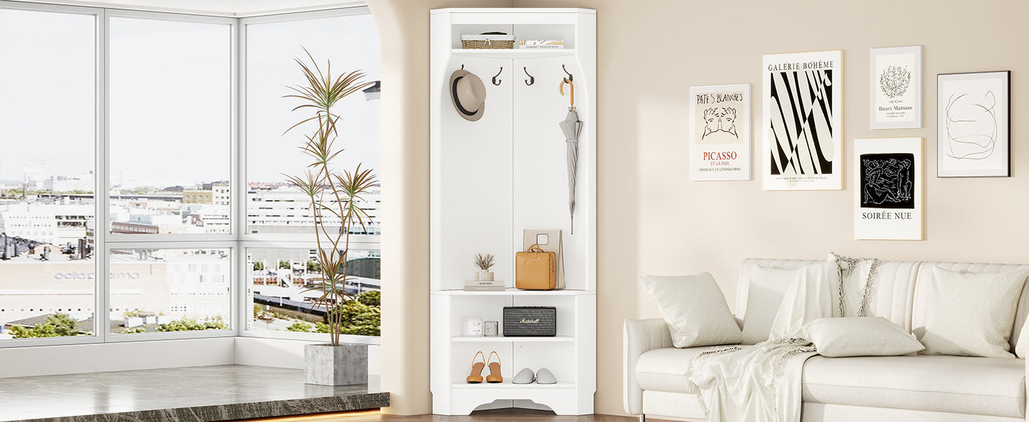 Minimalist Corner Hall Tree With Shoe Bench, Versatile Entryway Coat Rack With 4 Hooks, Corner Cabinet With Adjustable Shelf For Hallway, Living Room, White, 29.5''W*71.6''H White Particle Board