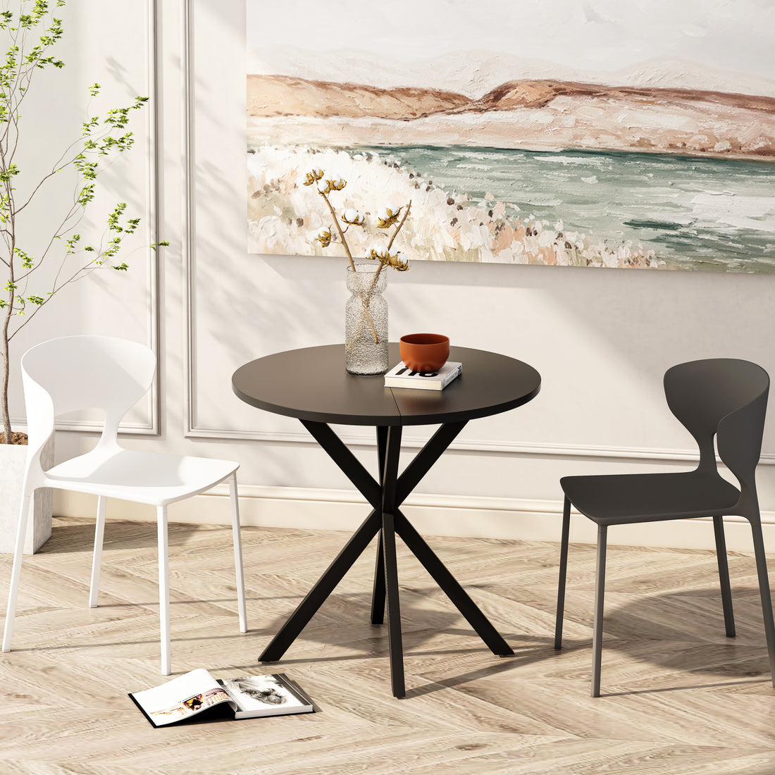 31.5'' Modern Round Dining Table With Crossed Legs, Black Occasional Table, Two Piece Detachable Table Top, Matte Finish Iron Legs Black Mdf Metal