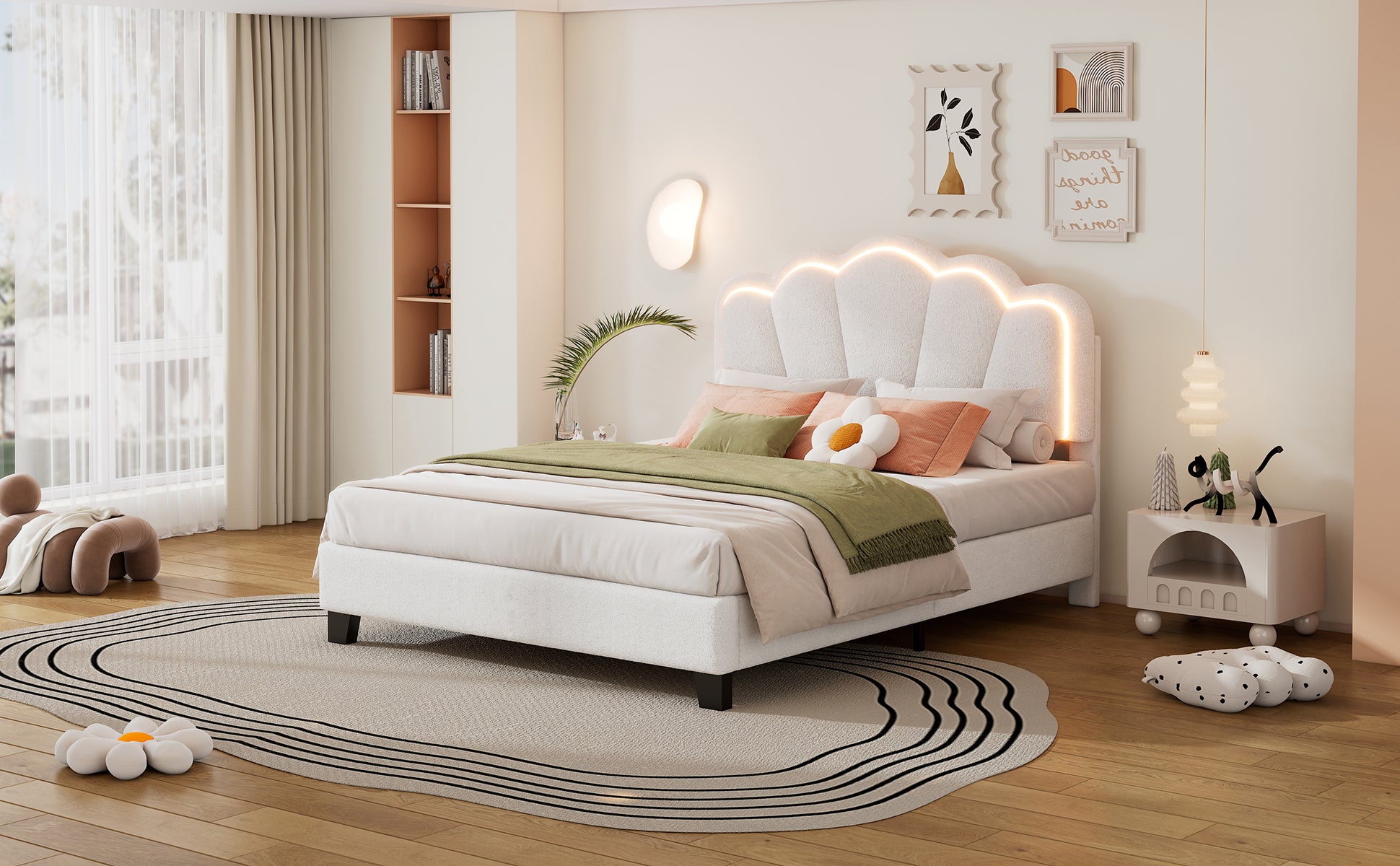 Full Size Upholstered Flower Shape Bed, Elegant Flowers Headboard With Led Light Strip, Sherpa Fabric Platform Bed With Wooden Slats Support, White Full White Wood