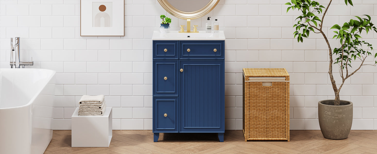 24 Inch Bathroom Vanity Cabinet With Ceramic Sink, 2 Drawers, 1 Door Blue Bathroom Solid Wood Mdf