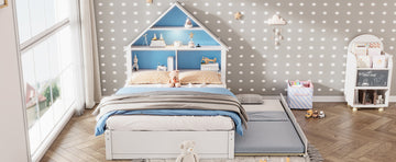 Full Size House Shaped Bed With Bookcase Headboard And Led Light And Twin Size Trundle For Kids Boys Girls, Blue White Box Spring Not Required Full White Blue Wood Bedroom Cute Bed Frame Wood