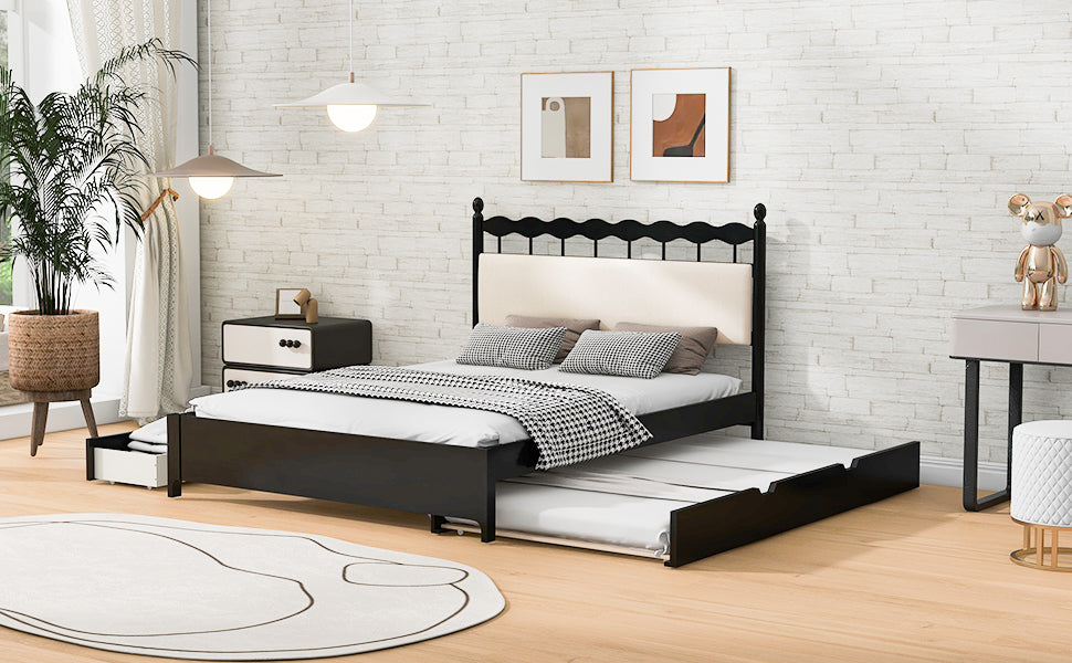 Queen Size Wooden Storage Platform Bed, With 2 Big Drawers, T Size Trundle ,Espresso Queen Espresso Plywood