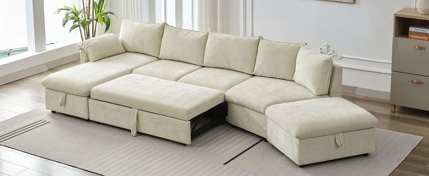 146.9" L Shaped Sofa Sectional Sofa Couch Pull Out Sofa Bed With A Movable Storage Ottoman, A Storage Chaise Lounge And Two Usb Ports For Living Room, Beige Beige Foam Linen 5 Seat