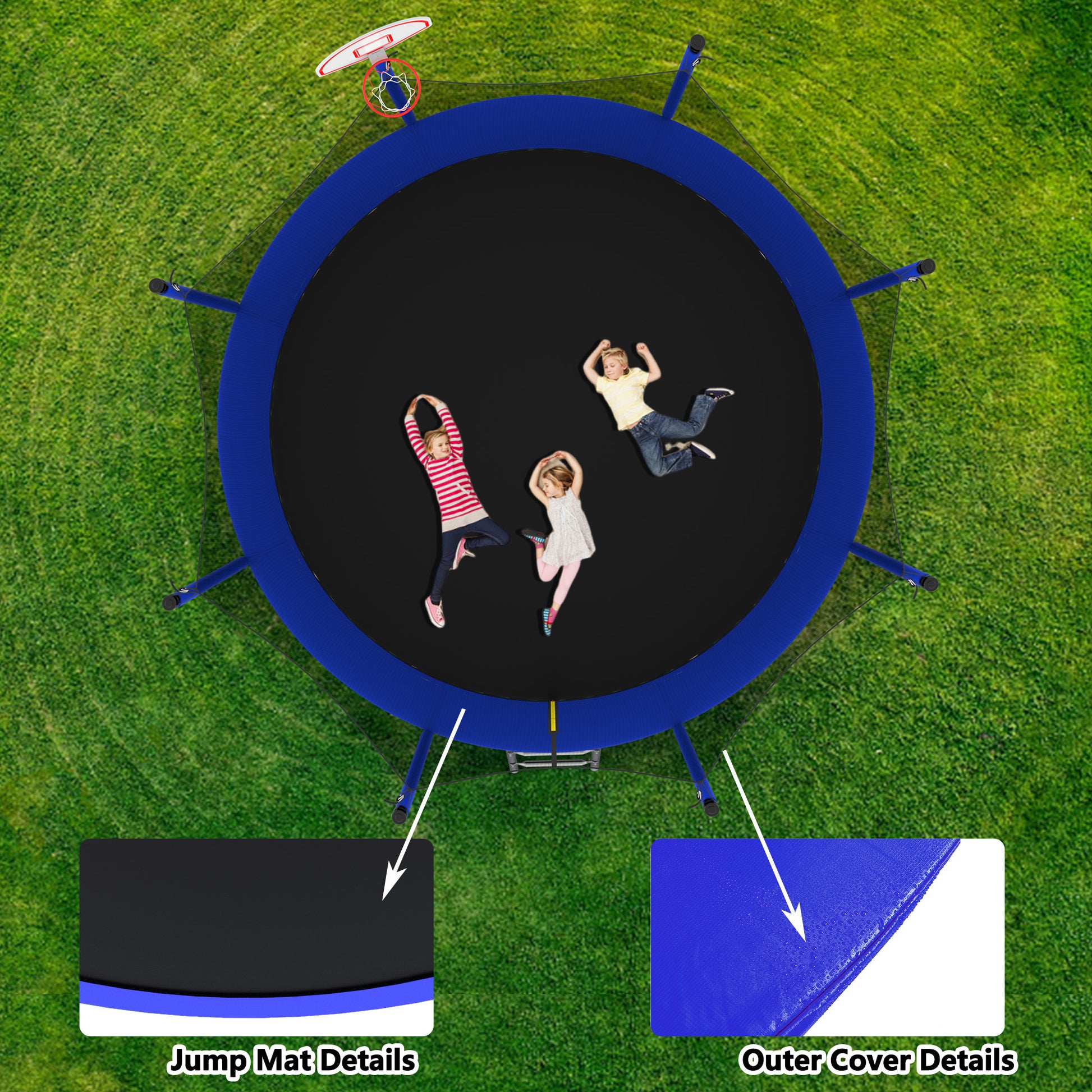 12Ft Trampoline For Kids & Adults With Basketball Hoop And Ball ,Recreational Trampolines With Safety Enclosure For Back Yard Outdoor Blue Metal