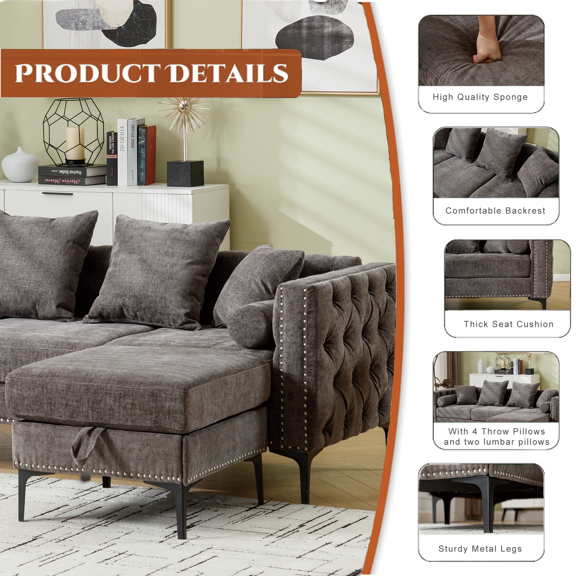 Arrived L Shaped Sectional Sofaconvertible Storage Ottoman,Chenille ,Square Arm, Modern Tufted Couch ,3 Seater, And Nailhead, Dark Gray Dark Gray Polyester Wood Primary Living Space Medium Soft Tufted Back Modern Square Arms Metal & Wood 4 Seat
