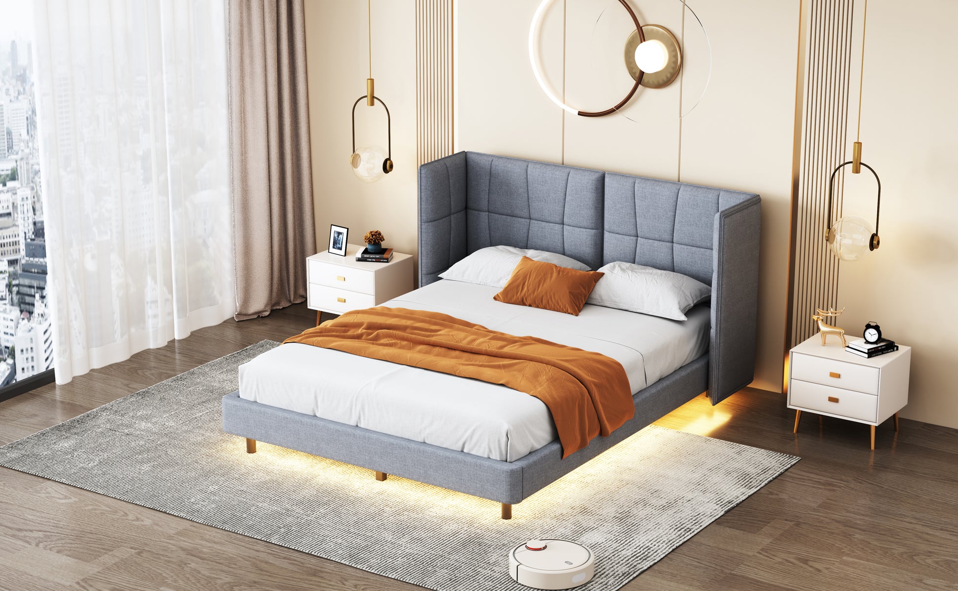 Queen Size Upholstered Platform Bed With Led Lights And U Shaped Headboard, Linen Fabric, Gray Queen Gray Wood Metal