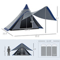 Outsunny 15.4'X15.4'X8.5' Teepee Tent, Waterproof Camping Tent With Porch Area, Floor And Carry Bag, For 2 3 Person Outdoor Backpacking Camping Hiking, Blue Blue Aluminum