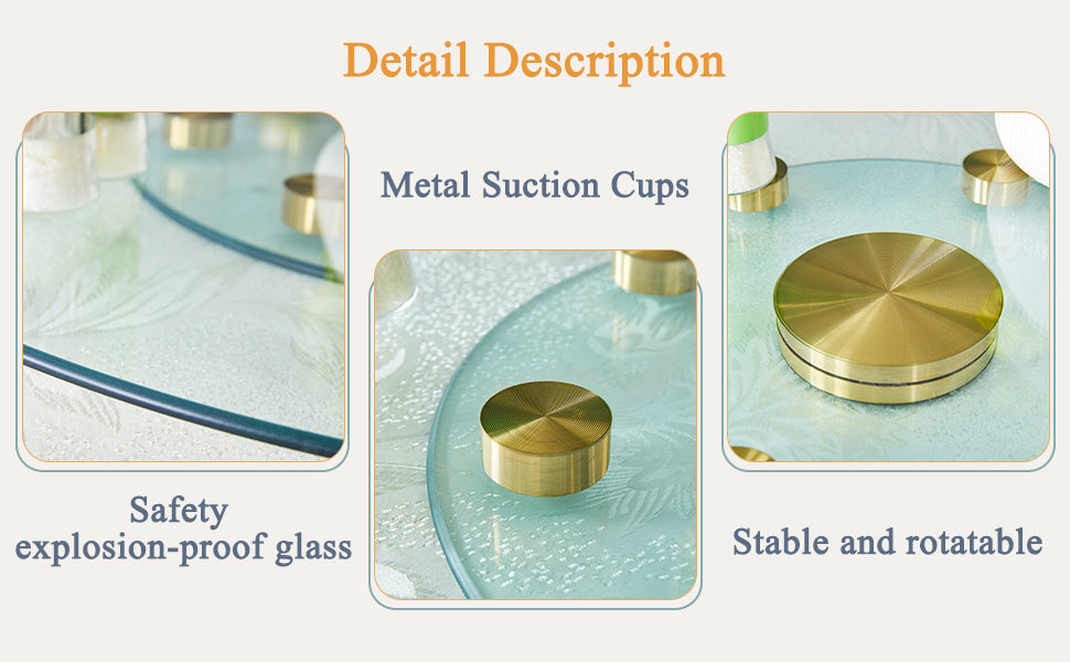 Double Layer Rotatable Round Glass.Golden Aluminum Plate,The Rotatable Design Makes It Convenient To Retrieve And Place Items.The Upper Glass Has A Diameter Of 20 Inches,The Lower Glass15 Inches.