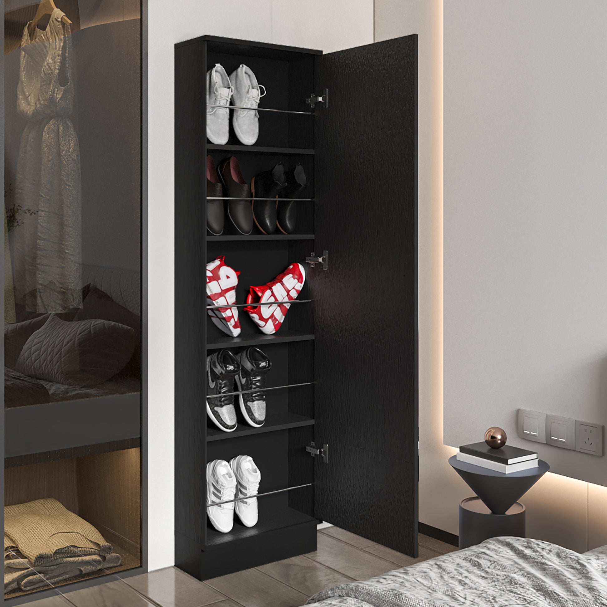 Ruan Xl Shoe Rack, Mirror, Five Interior Shelves, Single Door Cabinet Black Mdf Engineered Wood