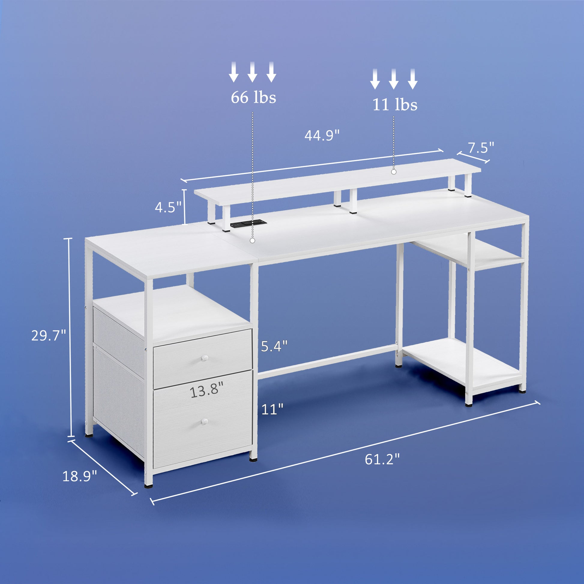 Homcom 61" Computer Desk With Led Lights, Power Outlets, And Usb Ports, Gaming Desk With Storage Shelves, Monitor Stand, Fabric Drawers & Remote For Home Office Study, Distressed White White Particle Board