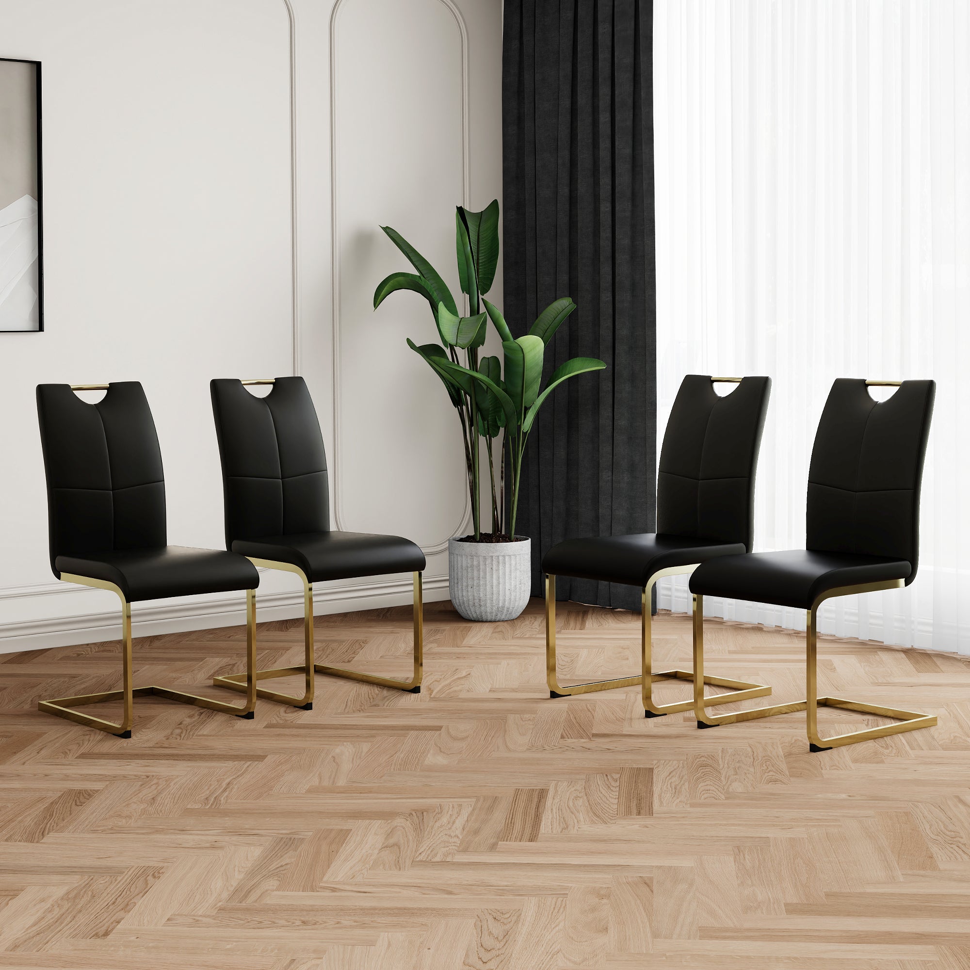 Modern Dining Chairs With Faux Leather Padded Seat Dining Living Room Chairs Upholstered Chair With Gold Metal Legs Design For Kitchen, Living, Bedroom, Dining Room Side Chairs Set Of 4 Black Gold Metal