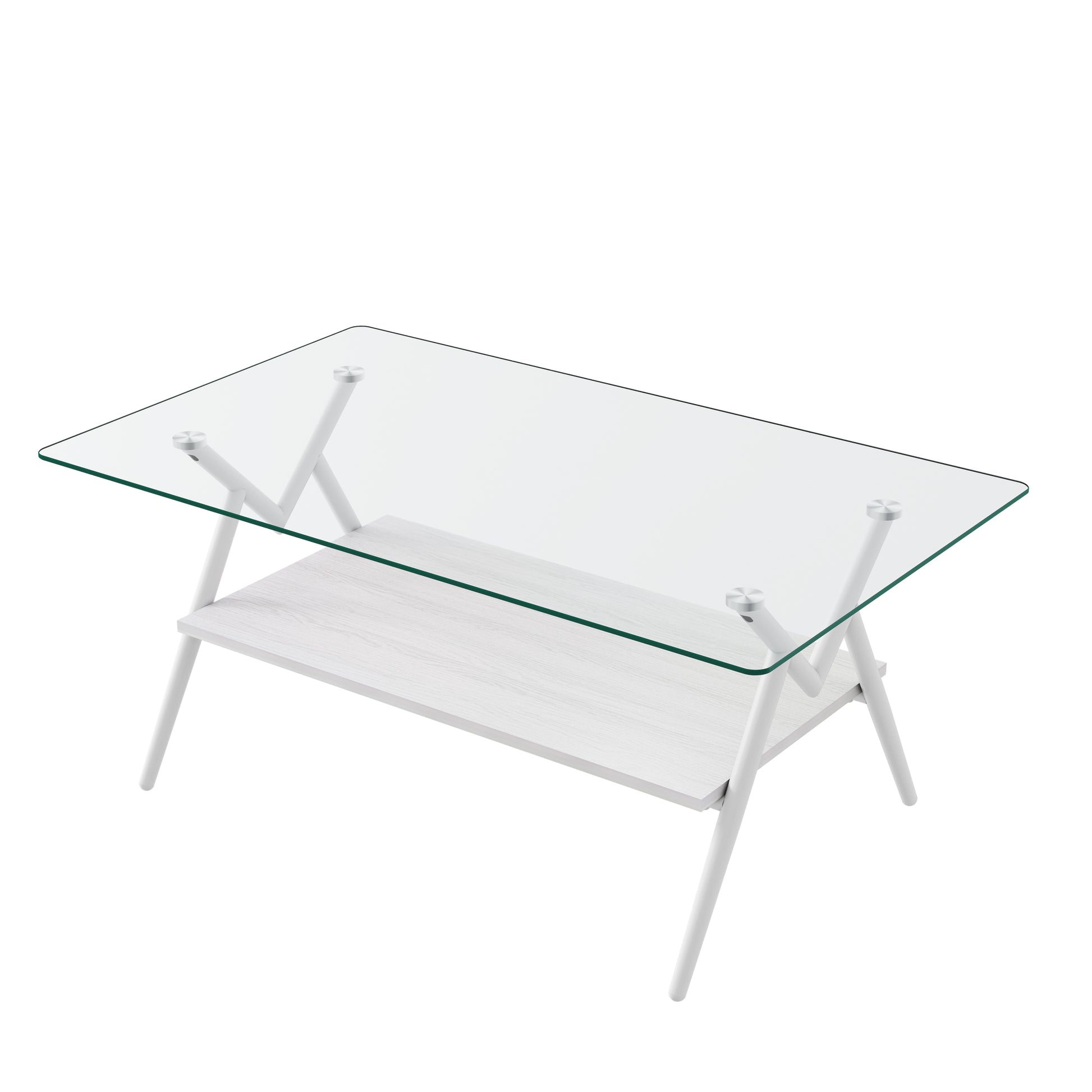 Rectangle Coffee Table With Tempered Glass Top And White Metal Legs, Modern Table For Living Roomtransparent Glass Transparent Tempered Glass