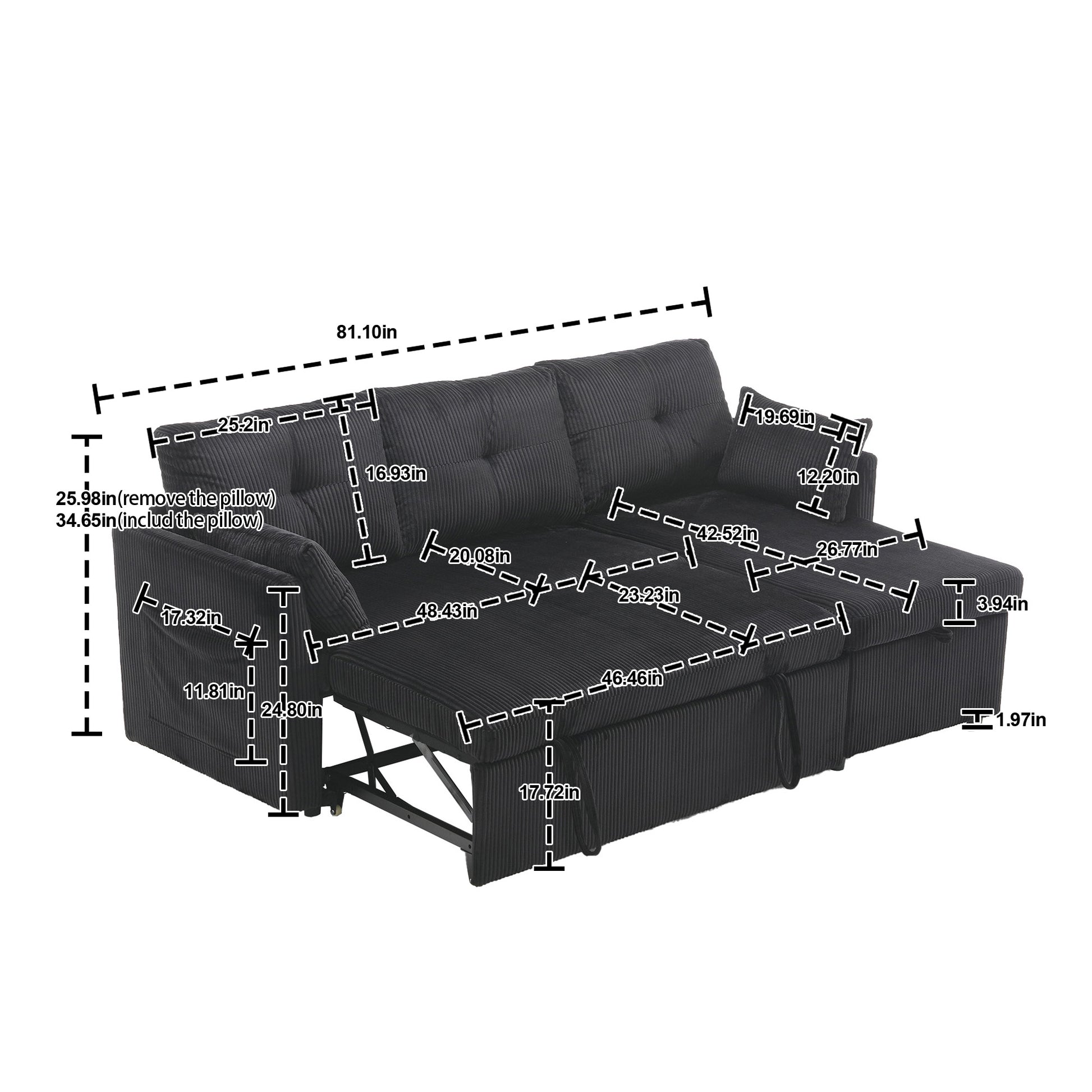 United We Win Furniture, Modular L Shaped Sofa, Modular Long Sofa With Reversible Chaise Lounge, Sofa Bed, Sleeper Sofa, Modular Sofa Combination With Storage Seats. Black Velvet 3 Seat