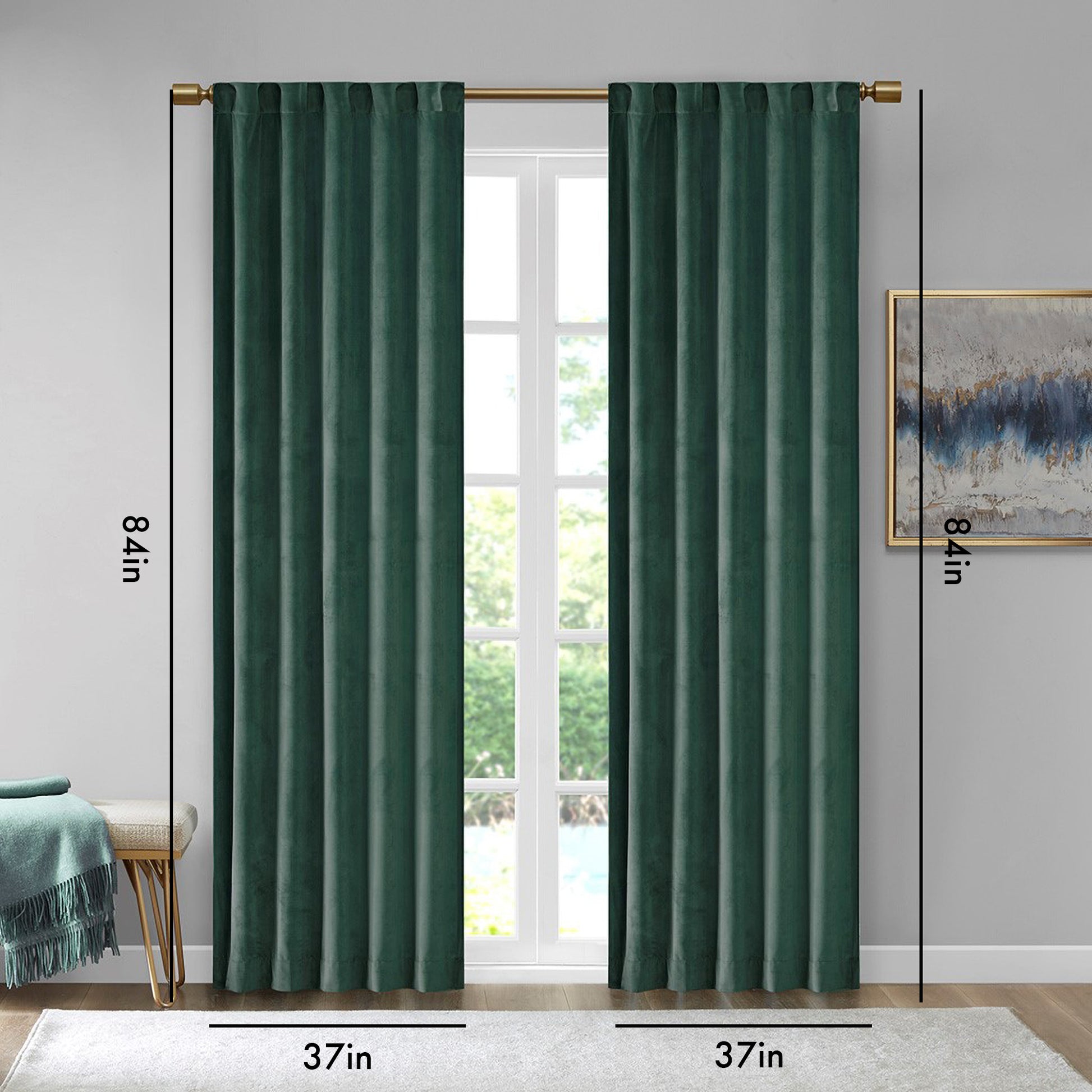 Room Darkening Poly Velvet Rod Pocket Back Tab Curtain Panel Pair 2 Pcs Window Panels Green Polyester