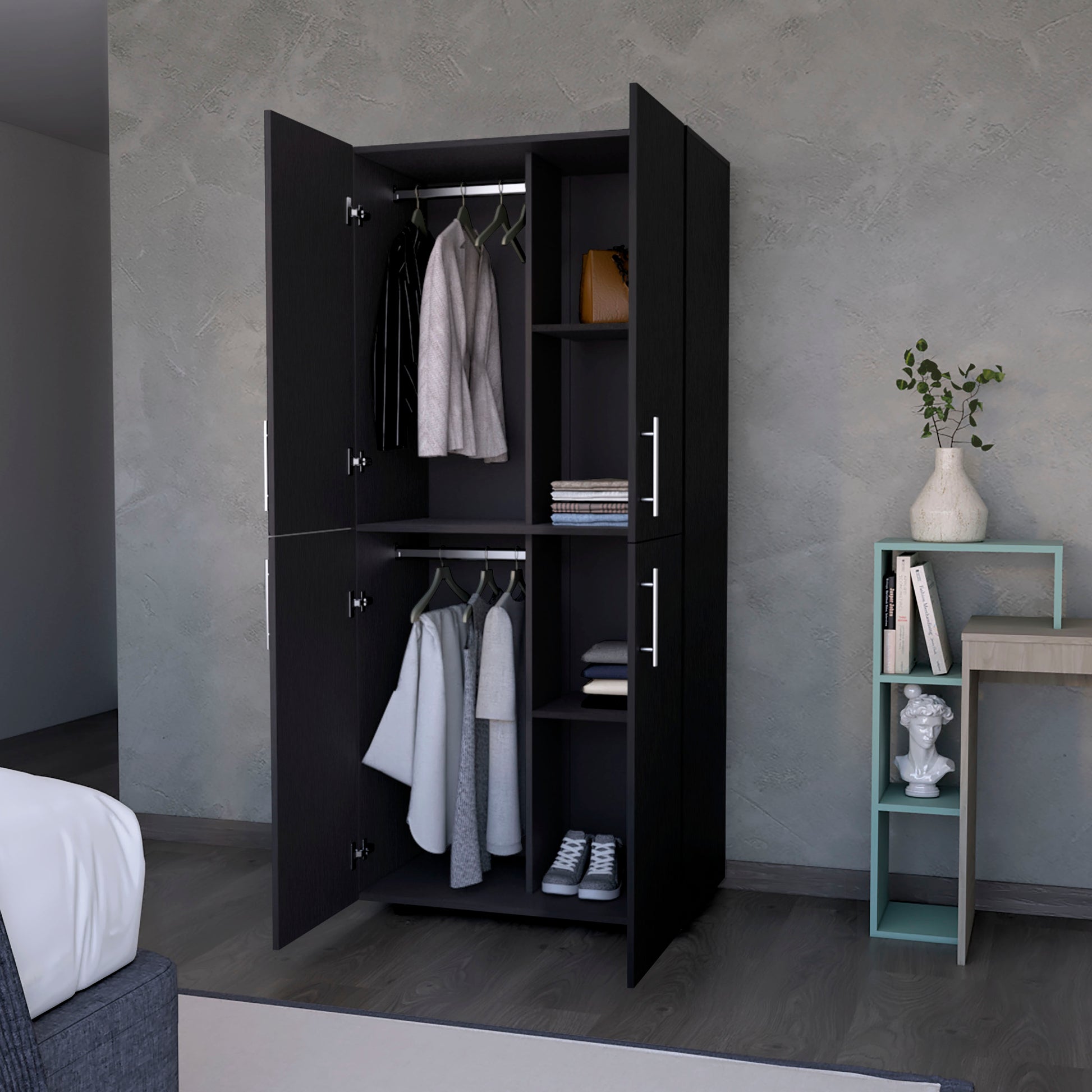 Hazel Armoire In Melamine With 2 Doors4 Shelves And 2 Clothes Hanging Bar Black Bedroom Contemporary Particle Board Melamine