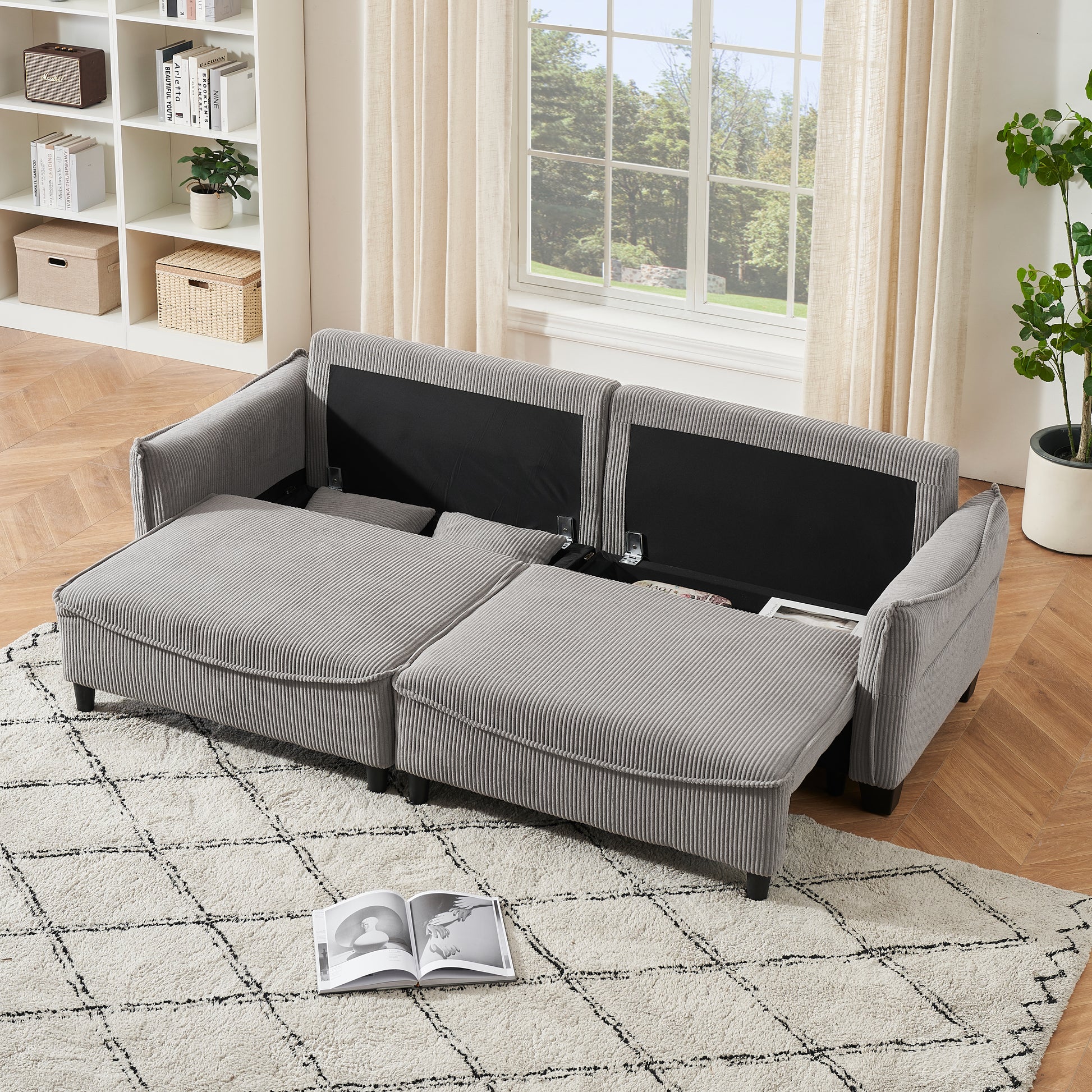 2345 Grey Corduroy Fabric, Sofa Can Be Converted Into A Sofa Bed With Two Throw Pillows, Suitable For Living Room And Other Scenes Gray Corduroy 3 Seat