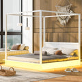 King Size Wood Led Canopy Bed ,Canopy Platform Bed With Support Slats, No Box Spring Needed, Whitekig King White Plywood