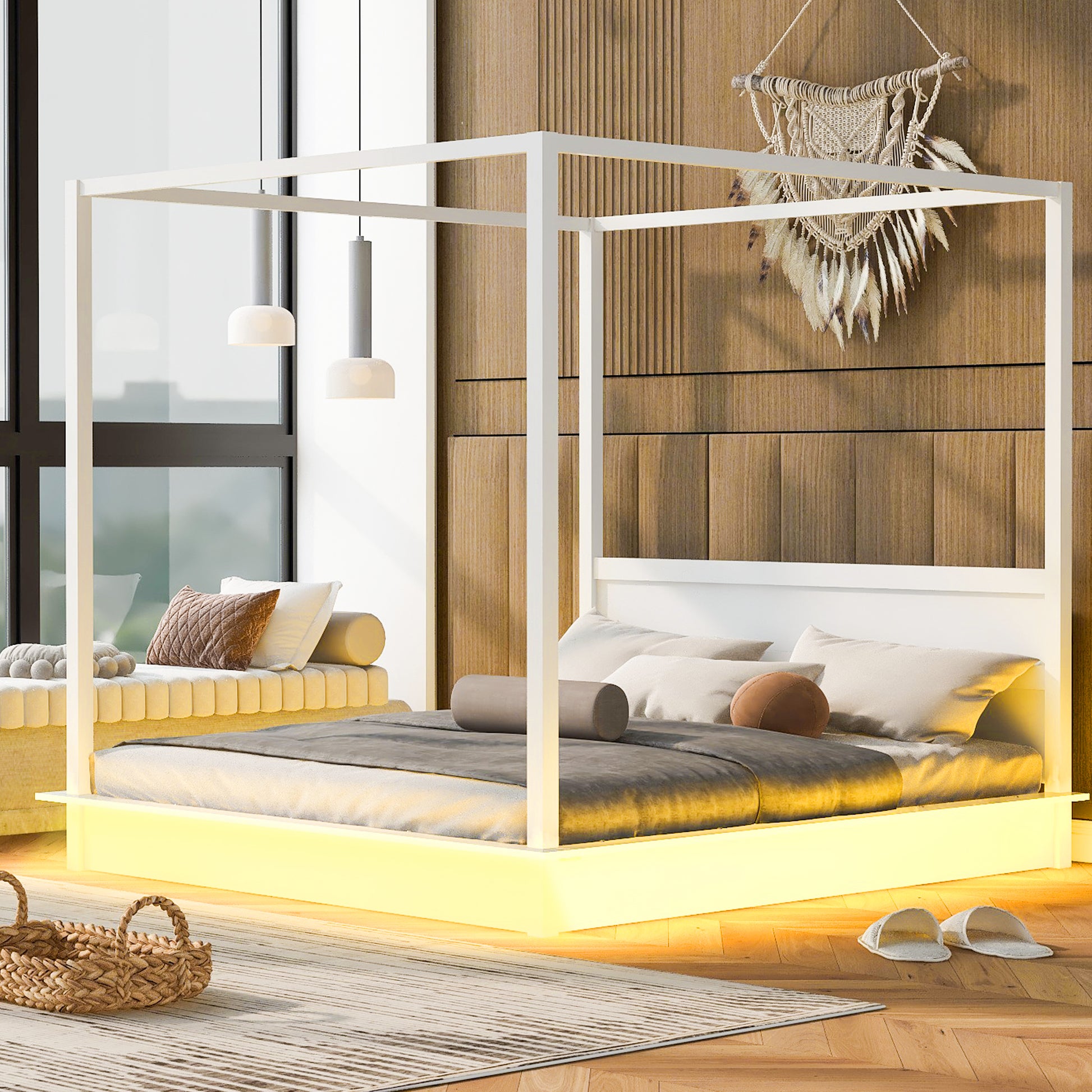King Size Wood Led Canopy Bed ,Canopy Platform Bed With Support Slats, No Box Spring Needed, Whitekig King White Plywood