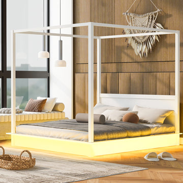 King Size Wood Led Canopy Bed ,Canopy Platform Bed With Support Slats, No Box Spring Needed, Whitekig King White Plywood