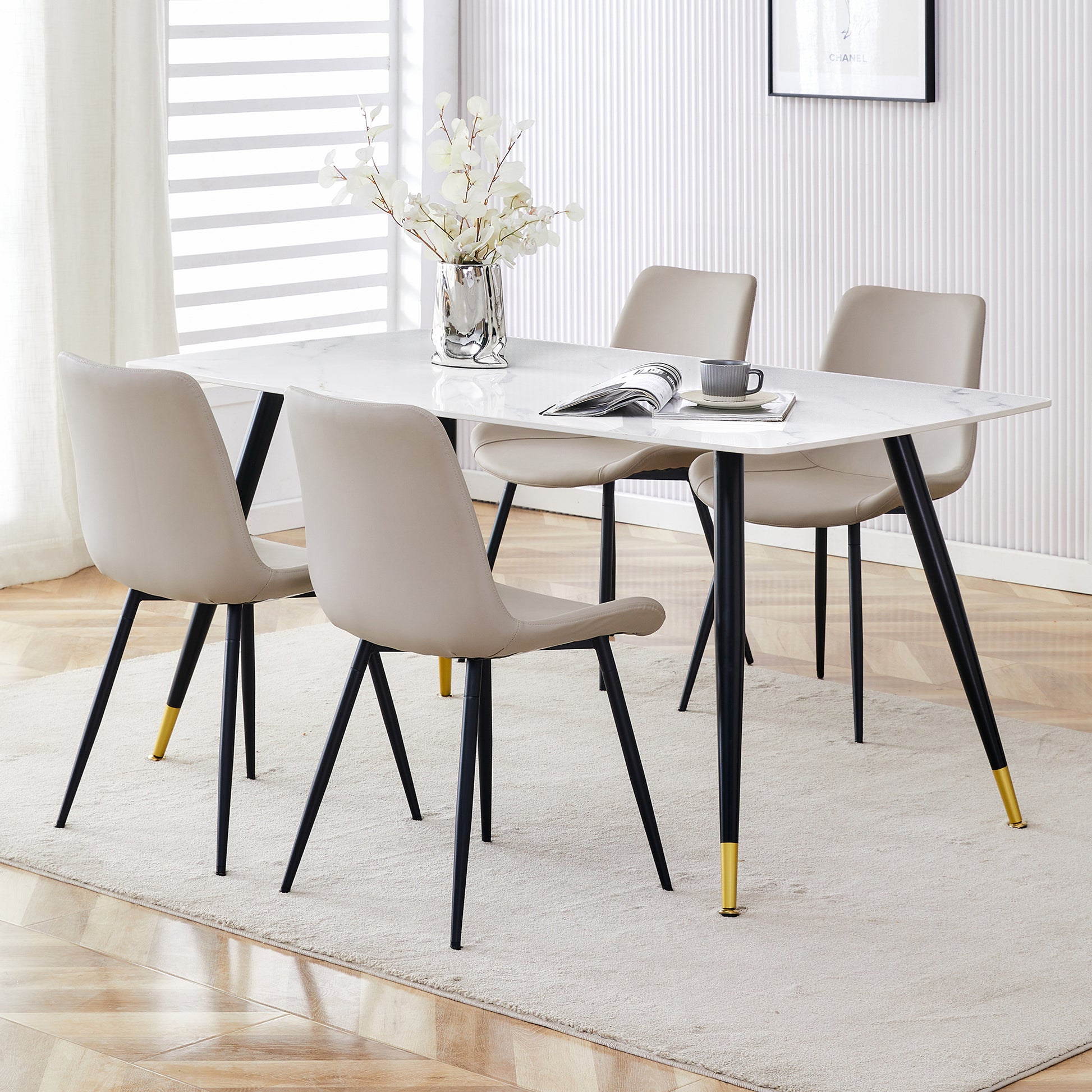 Table And Chair Set, White Imitation Marble Texture Rock Board Table Top, Black Metal Table Legs, Stable And Beautiful. Modern Simple Dining Table, Comfortable Seating. White Gray Seats 4 Metal