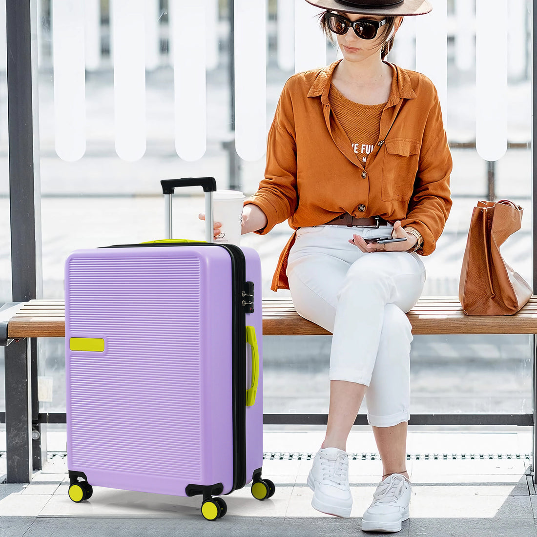 Hardshell Luggage Sets 3 Pcs Contrast Color Suitcase With Spinner Wheels And Tsa Lock 20" 24" 28" Available Purple Abs