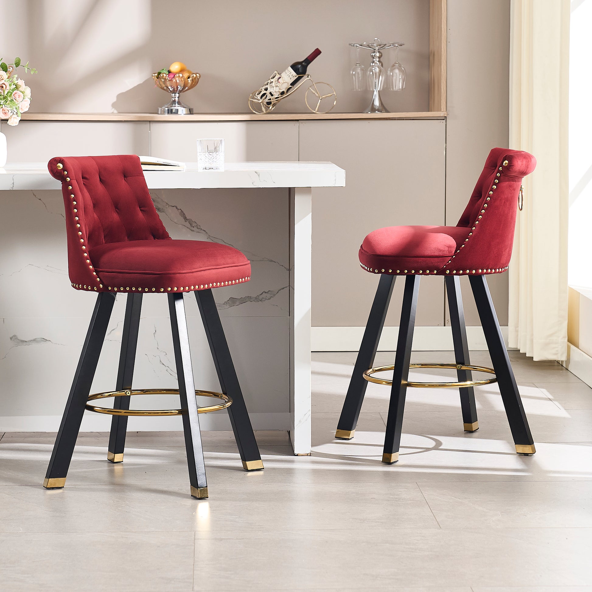 Coolmore Set Of 2,Back Pull Point Design, Velvet Material, 360 Degree Rotation, Back Pull Loop Detachable Design, Rivet Decoration, Square Foot Wooden Bar Chair Red Velvet