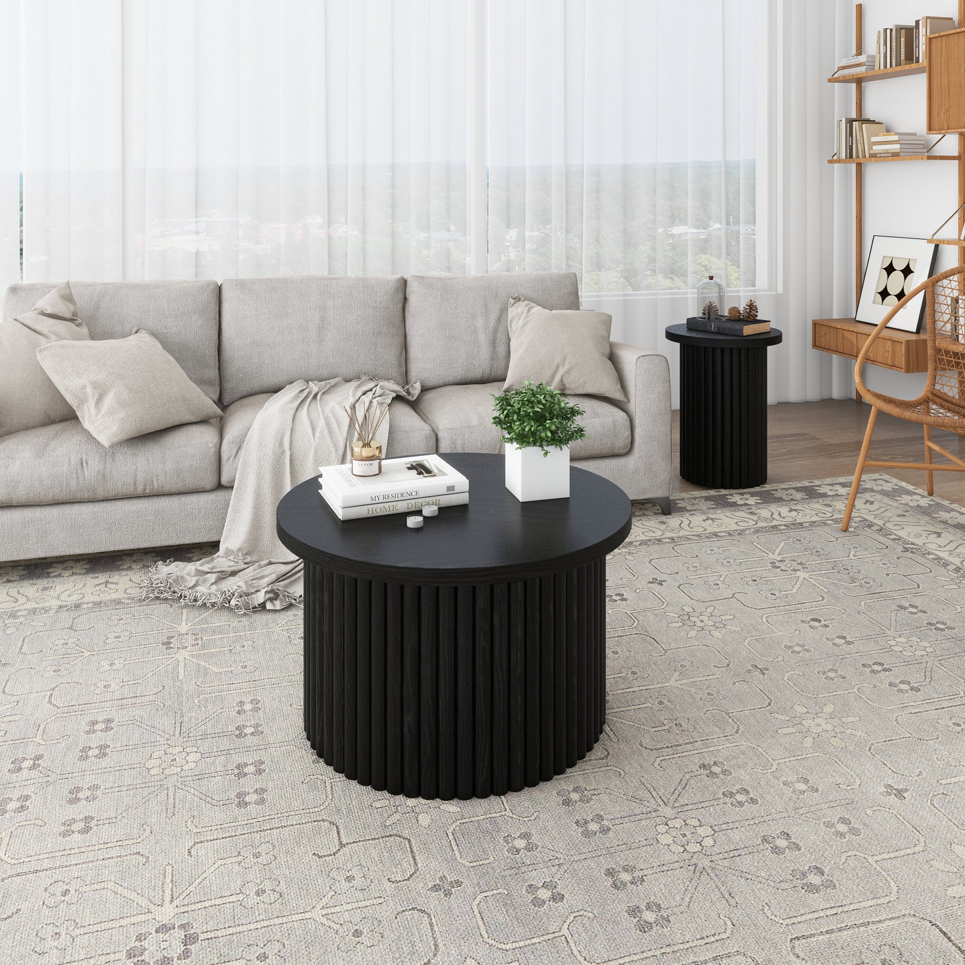 Coffee Table Set Of 2 ,Round Coffee Table,Modern Side Tables Accent End Table For Living Room ,Apartment Black Modern Round Coffee & End Tables Mdf