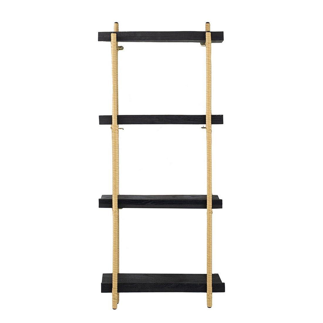 44 Inch Modern Wood Four Tier Shelf, Natural Rattan Braiding, Gold, Black Black Wood Metal