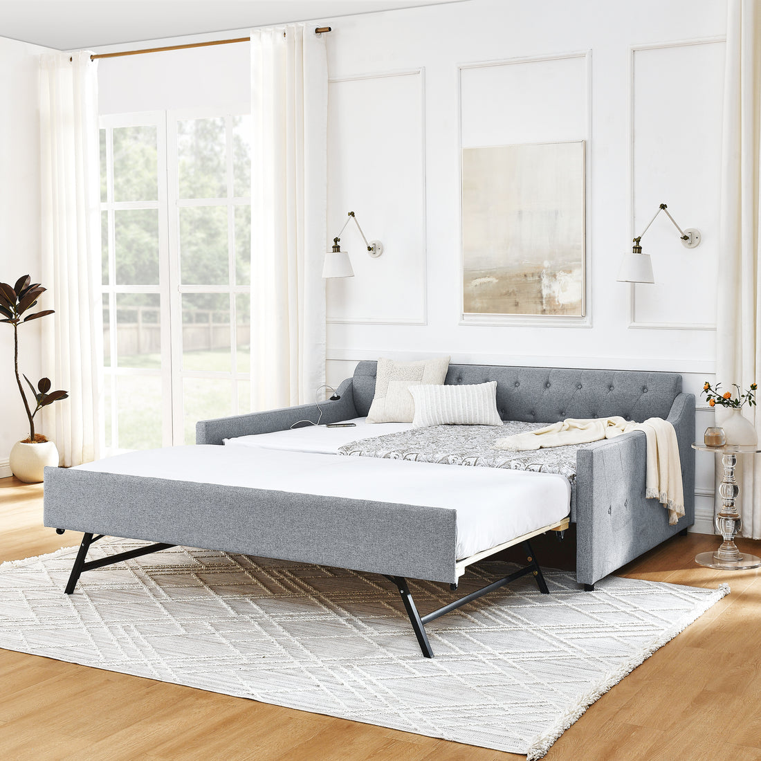 Full Size Upholstery Daybed With Twin Size Erectable Trundle And Usb Charging Design, Linen Grey Box Spring Not Required Full Grey Linen Linen