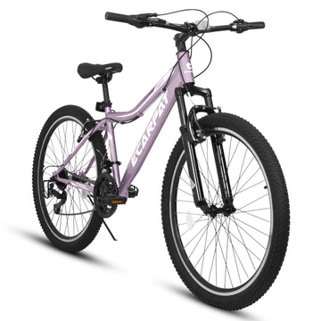 A24208 Ecarpat 24 Inch Mountain Bike, 21 Speed V Brake, Front Suspension, Carbon Steel Frame Mountain Bike For Teenagers Girls Women Bicycles Cycling Purple Durable Garden & Outdoor Polyurethane Foam Steel