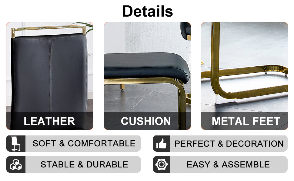 Table And Chair Set, The Table Is Equipped With A Marble Patterned Mdf Tabletop And Gold Table Legs.The Chair Is Equipped With Pu Synthetic Leather High Back Cushion And Gold Coated Metal Legs. Gold Black Seats 6 Mdf Metal